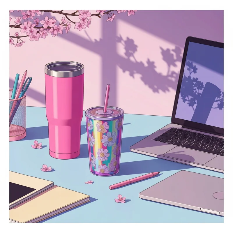 Aesthetic flat lay featuring the starbucks spring cups 2025 collection on a curated desk.