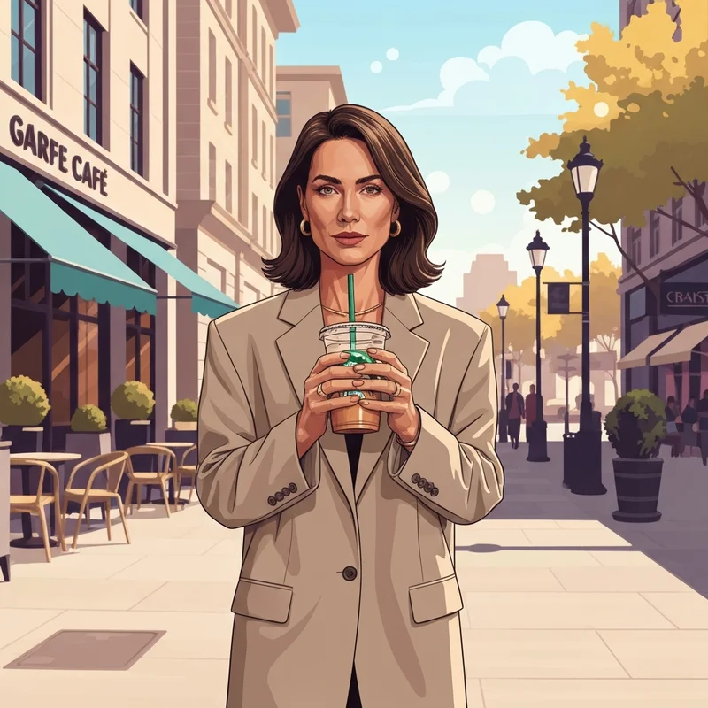 A stylish professional woman enjoying drinks at starbucks with low sugar during her morning commute.