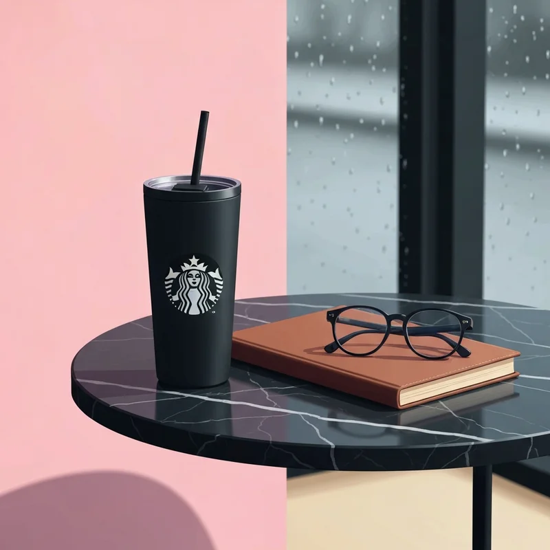 A sleek matte black starbucks cup on a marble table in a moody cafe setting.