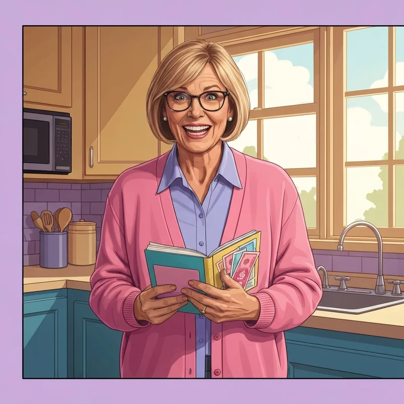 A visual representation of the diary of a wimpy kid mom Susan Heffley holding Mom Bucks in a suburban kitchen.