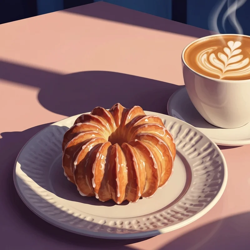 A fresh and glistening french cruller donut dunkin on a plate, showing the airy texture and golden ridges.