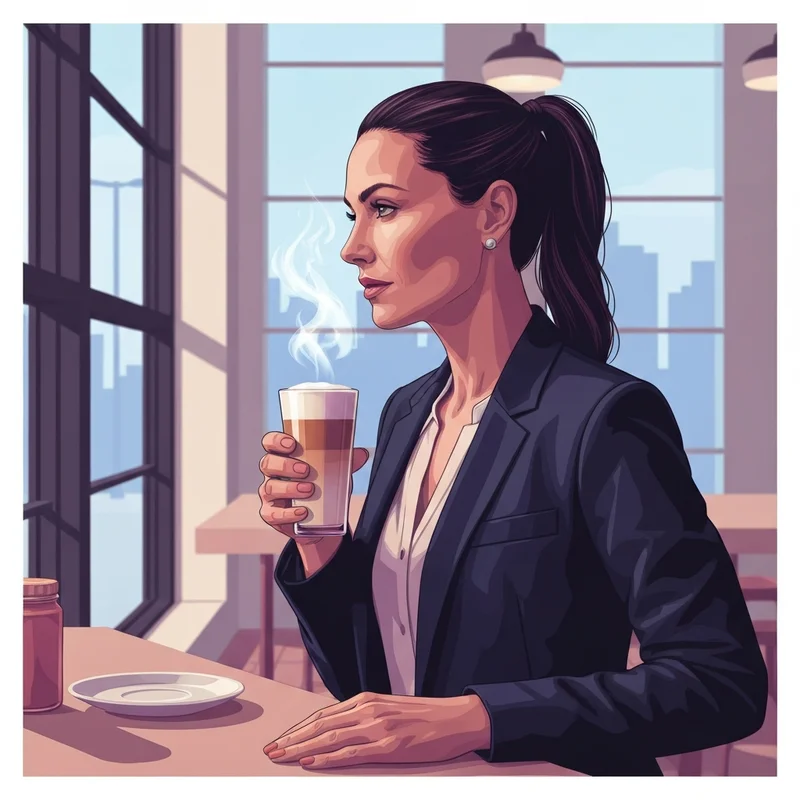 A professional woman holding a starbucks skinny vanilla latte in a minimalist cafe setting.