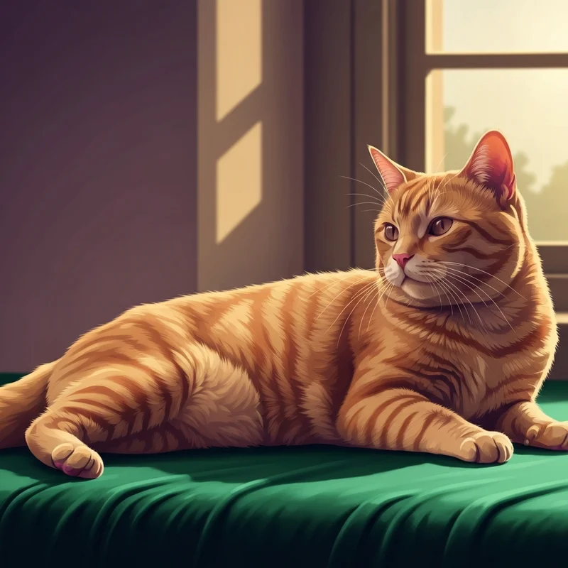 A ginger cat lounging on a rug showing symptoms of my cat looks bloated but acting normal.