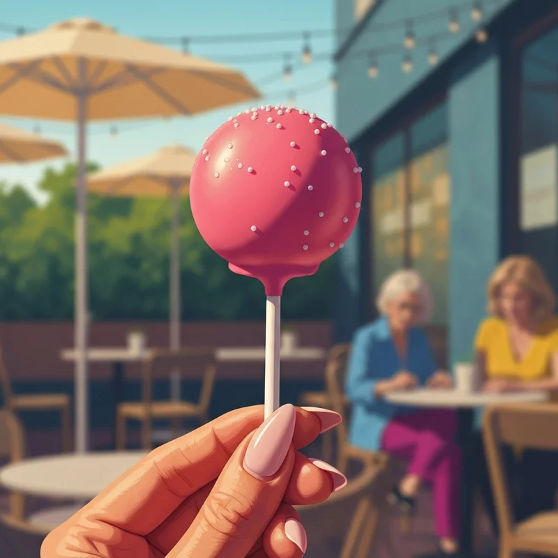 A close-up of a pink strawberry cake pop starbucks being held in a sunny summer setting.