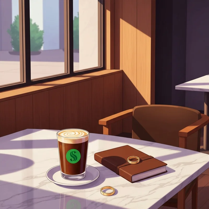 Aesthetic starbucks photos featuring a cold brew on a marble table with a journal during golden hour.