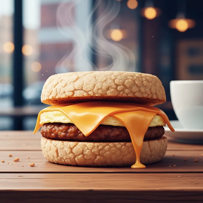 A close up of a savory sausage cheddar & egg sandwich starbucks style breakfast on a wooden table.