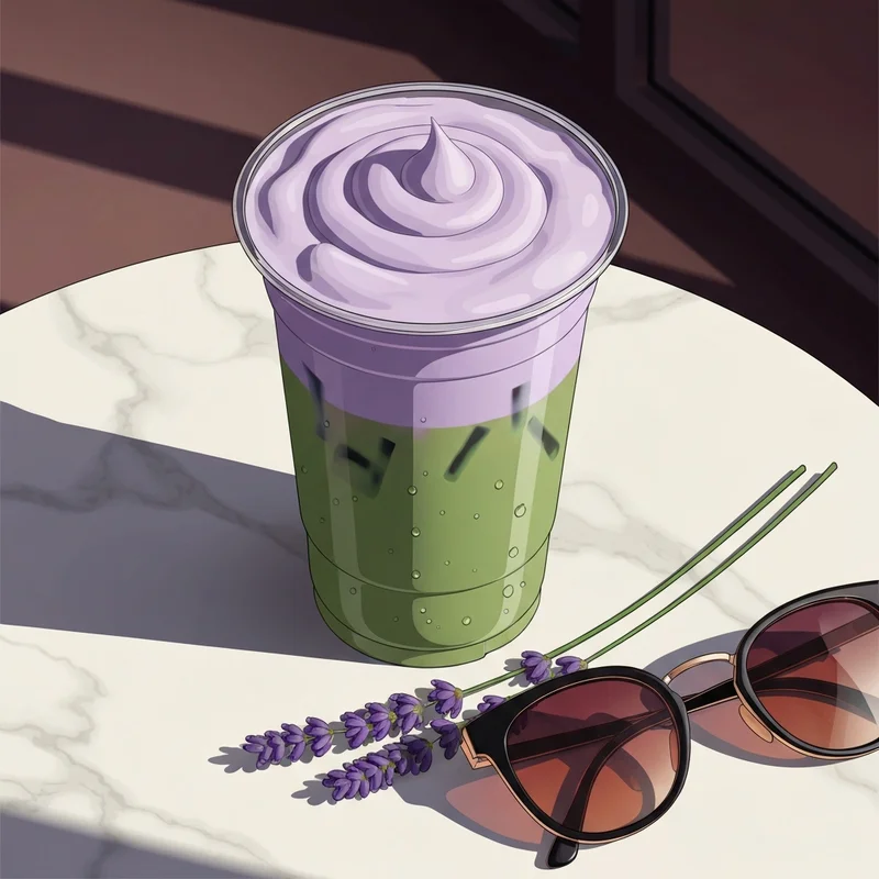 A close-up of a matcha lavender starbucks drink with sage green tea and purple cold foam on a marble table.