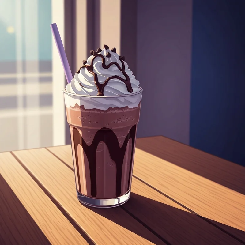 A delicious double chocolate chip frappuccino at starbucks with whipped cream and chocolate drizzle.