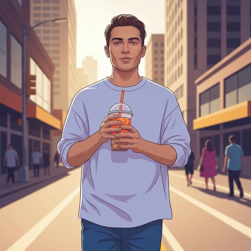 A young adult enjoying a beverage on dunkin doughnuts coffee day in a city setting.