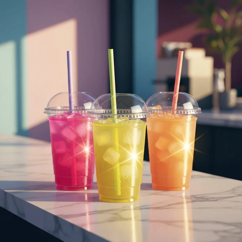 A variety of vibrant dunkin refreshers flavors in clear cups highlighting the Strawberry Dragonfruit and Mango Pineapple options during golden hour.