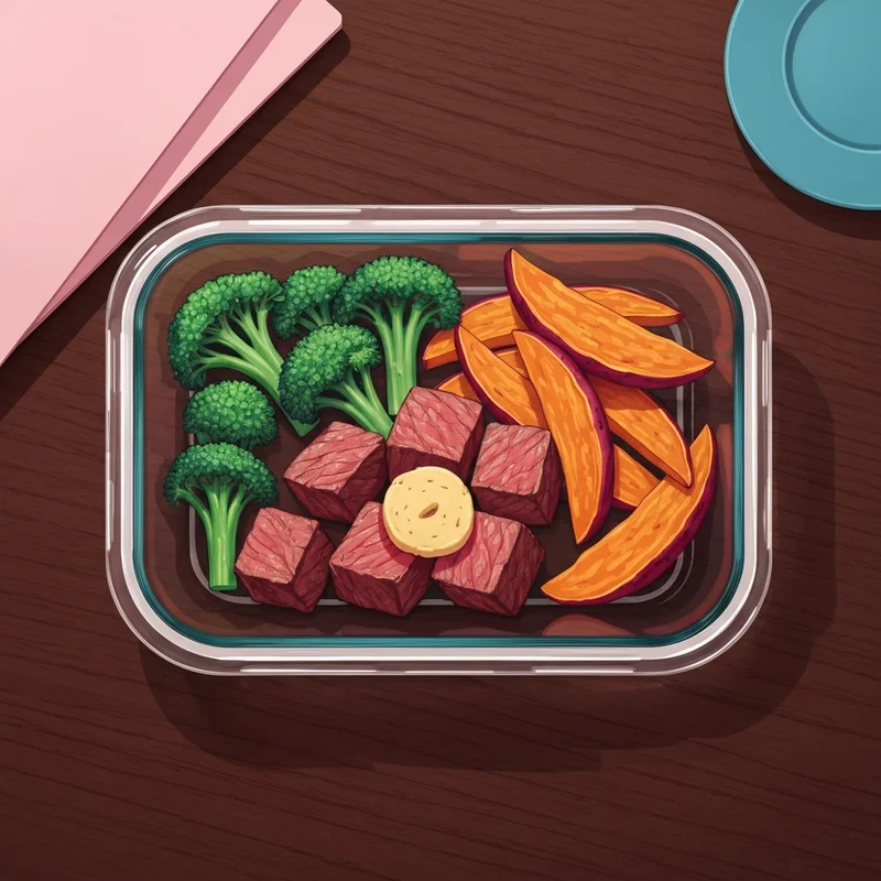A high-end glass container showcasing tender steak meal prep with roasted vegetables on a professional desk.