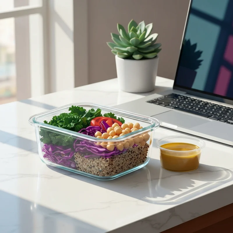 A vibrant and perfectly organized travel salad bowl on a professional desk, symbolizing a healthy and disciplined lifestyle.