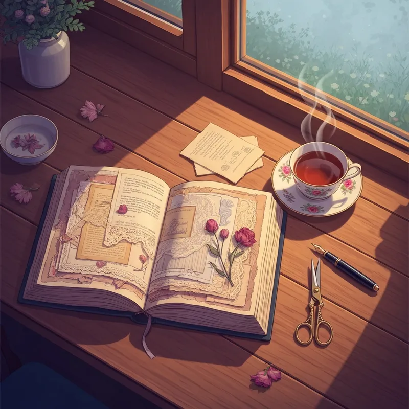 A vintage junk journal inspired by the aesthetic of daphne's diary on a cozy wooden table with tea.