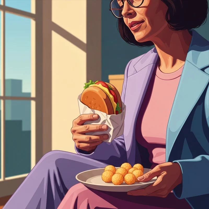 A person enjoying a breakfast sandwich and hash browns late in the afternoon, answering the question does dunkin donuts serve breakfast all day.