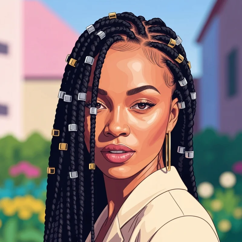 A close-up of stylish box braids featuring various gold and silver braid rings to enhance a trendy aesthetic.