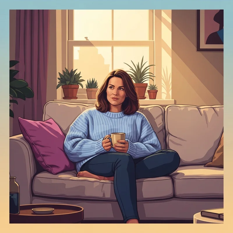 A woman seeking relief from urinary tract infection bloating by resting in a comfortable home environment.