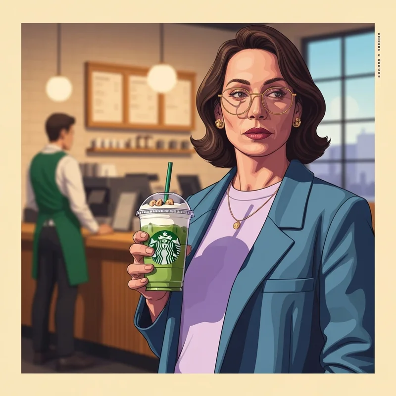 A stylish young person holding one of the best starbucks drinks to try, featuring a layered iced matcha with cold foam in a sunlit café.