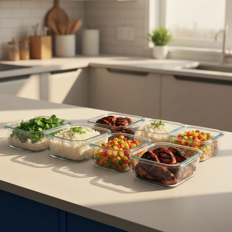 A collection of five glass containers showing a completed chipotle meal prep with high-protein chicken and cilantro lime rice.