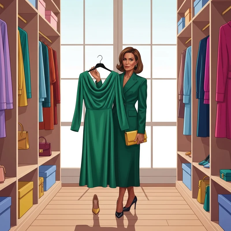 A woman holding up one of the best marshall's wedding guest dresses in a stylish closet.