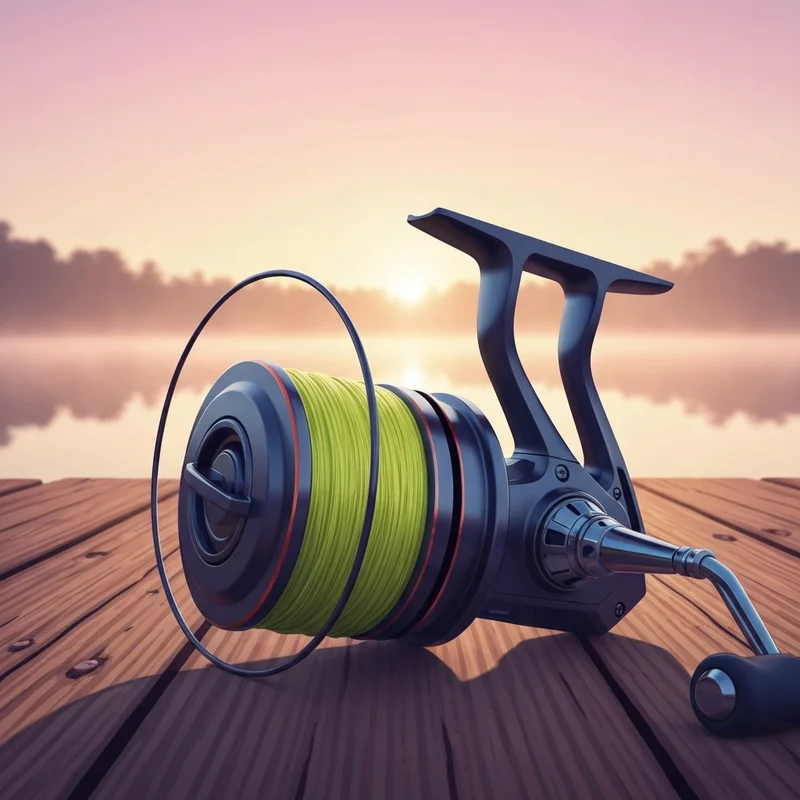 A professional fishing reel spooled with high-visibility Daiwa J-Braid on a lakeside dock.