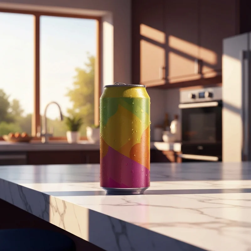 A refreshing can of starbucks mango baya energy drink on a marble counter in a bright kitchen.