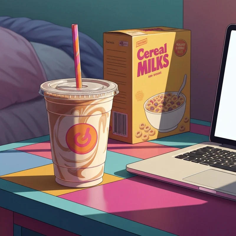 A close-up aesthetic shot of an iced dunkin cereal milk latte on a desk, representing Gen Z nostalgia and morning self-care rituals.