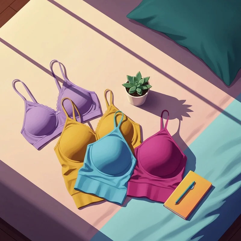 A selection of colorful and soft beginners bra for 10 years girl options laid out on a bed.