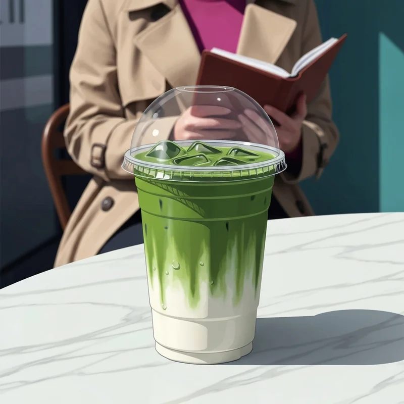 A perfectly swirled dunkin donuts iced matcha latte with oat milk on a marble table.