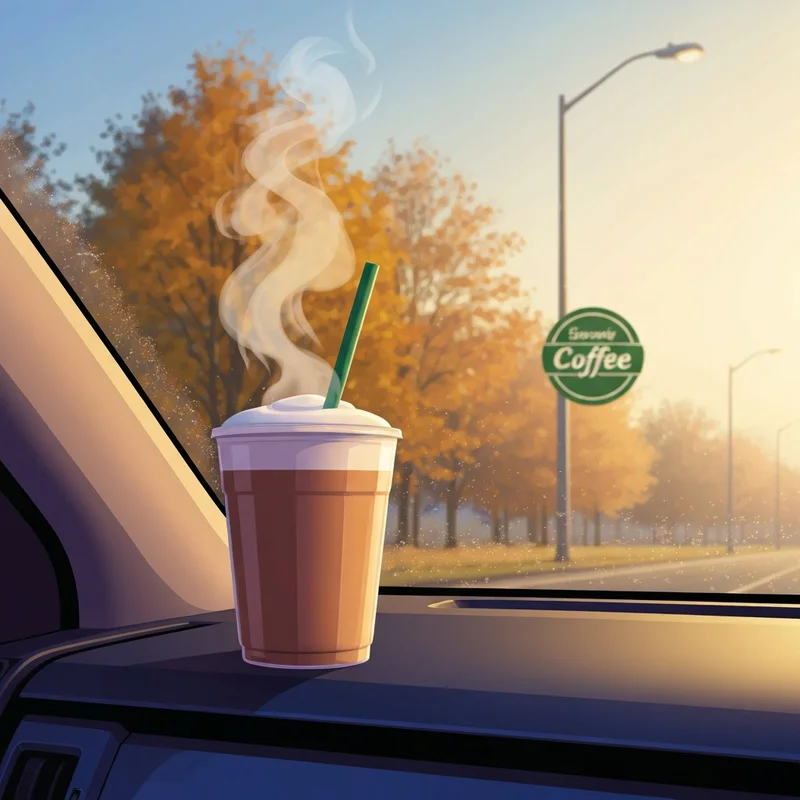 A seasonal latte from a Starbucks open on Thanksgiving Day sitting in a car cup holder during a morning escape.