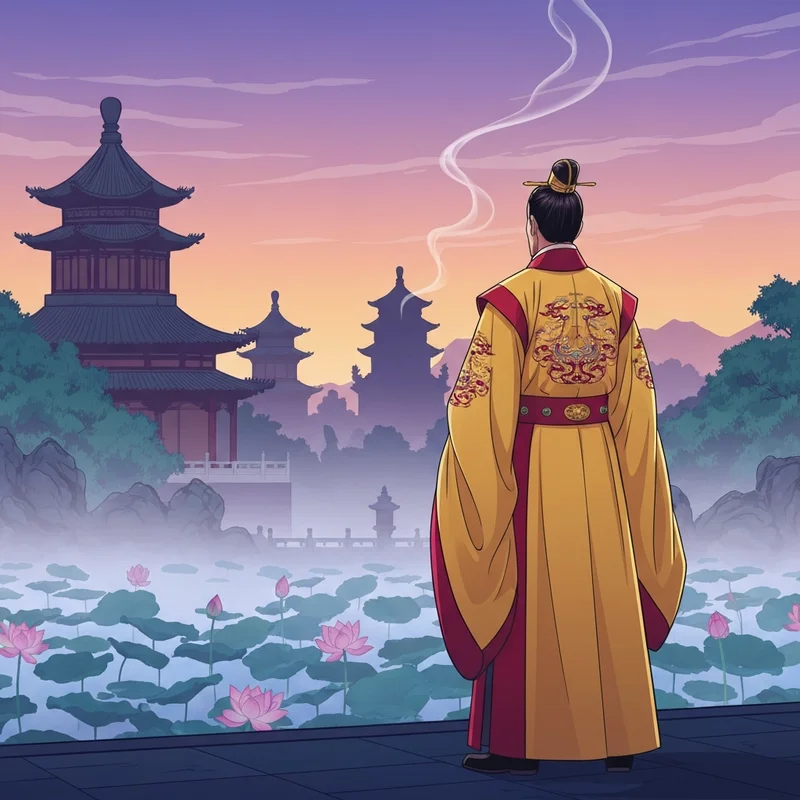 The apothecary diaries emperor standing in a moody, cinematic imperial garden representing the weight of his crown.