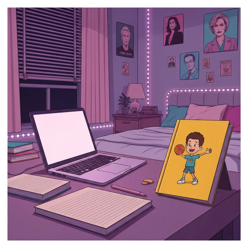 A nostalgic room setup featuring the book Diary of a Wimpy Kid Big Shot on a desk.