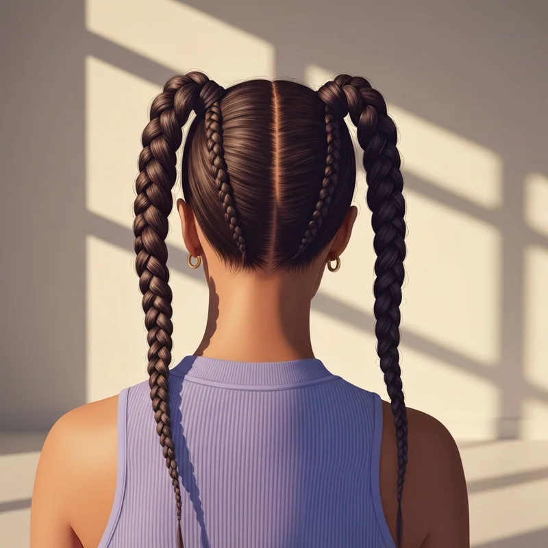 A woman showcasing perfectly symmetrical dutch braid pigtails with a clean center part in a sunlit studio.