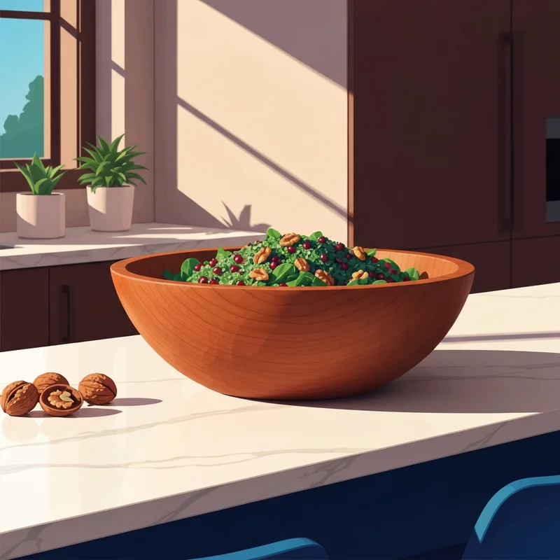 An artisanal wooden salad bowl on a marble countertop representing a wellness lifestyle.