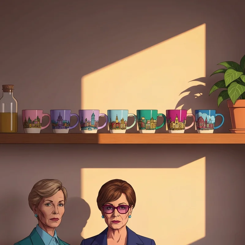 A curated collection of starbucks discovery series mugs displayed on a wooden shelf in a sunlit modern kitchen.