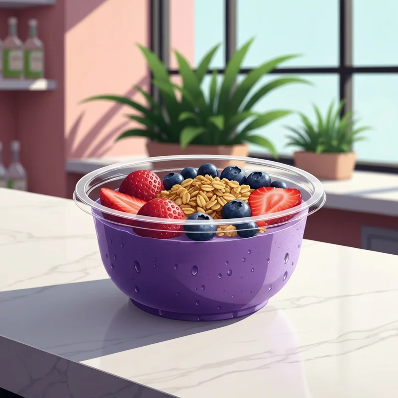 A vibrant smoothie king acai bowls topped with fresh fruit and granola on a marble counter.