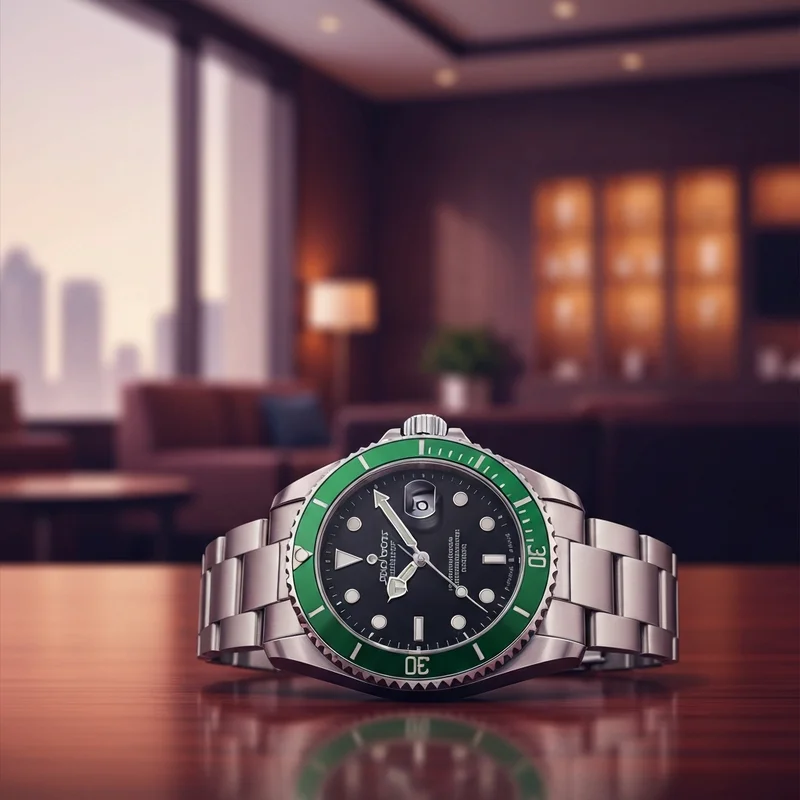 A close-up of the rolex starbucks 126610LV showing the green bezel and black dial in a luxury setting.