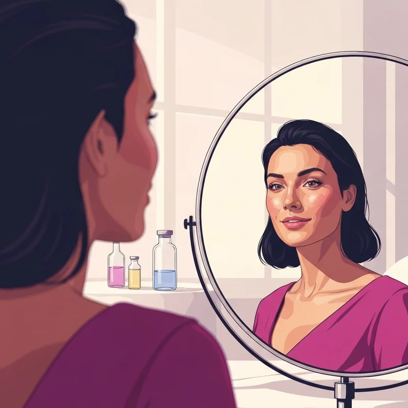 A young woman admiring her refreshed skin after receiving botox injections in a professional clinical setting.