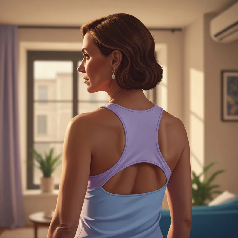 A woman wearing a t back bra under a racerback top showing perfect strap alignment and support.