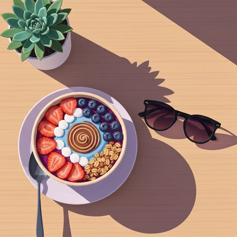 A close-up shot of a delicious tropical smoothie cafe acai bowl with fresh fruit and granola toppings.