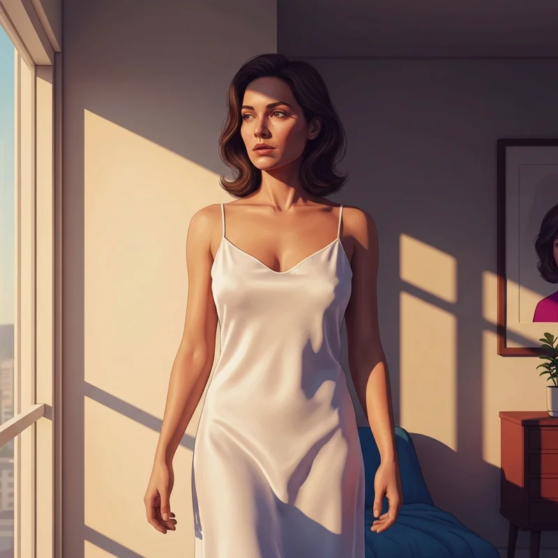 A woman modeling a natural aesthetic white silk dress, demonstrating the no bra pics fashion trend.