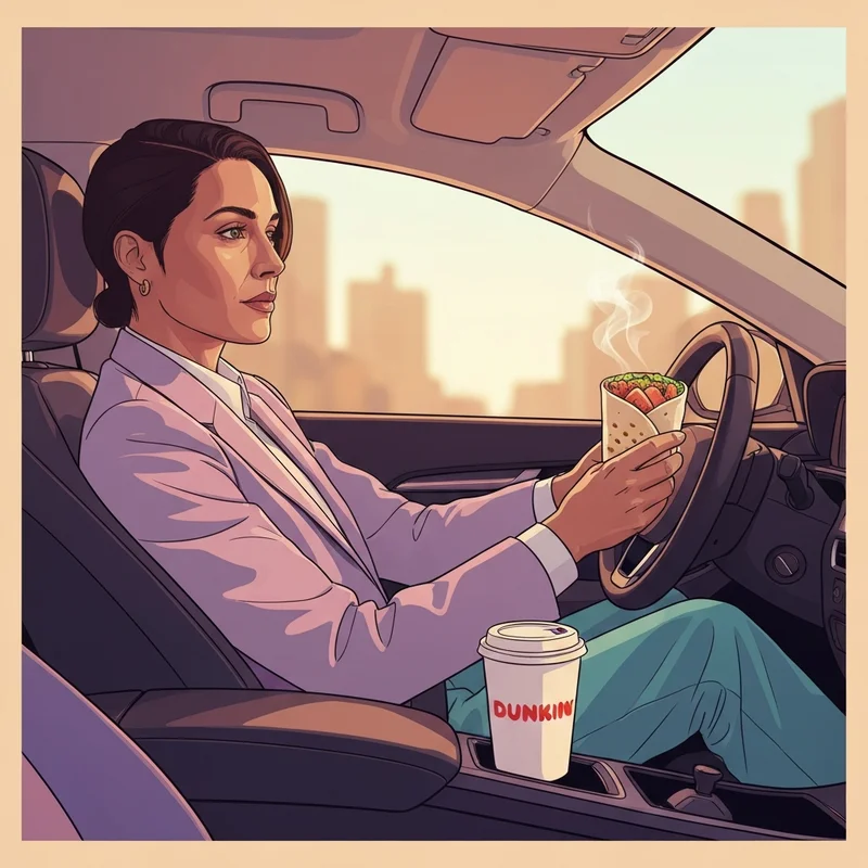 A close-up of a person enjoying dunkin wraps during their morning car commute.