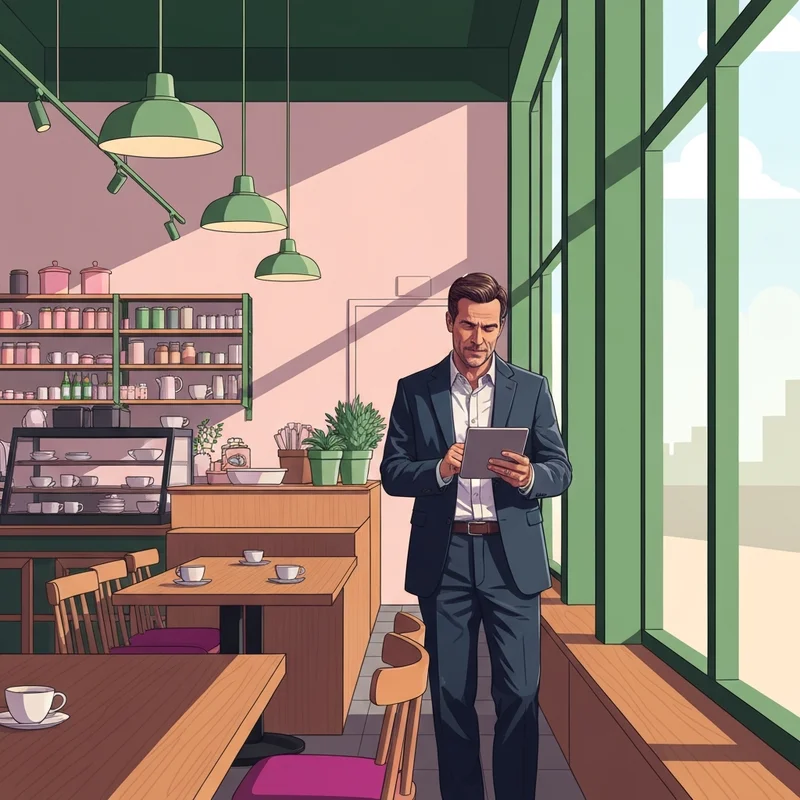 A professional entrepreneur researching starbucks franchise opportunities in a luxury cafe setting.