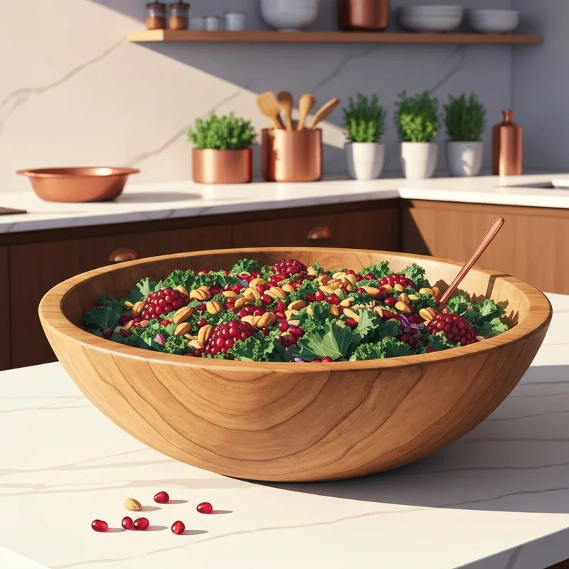 A luxurious and oversized large salad bowl made of acacia wood on a marble countertop, filled with a fresh gourmet salad.