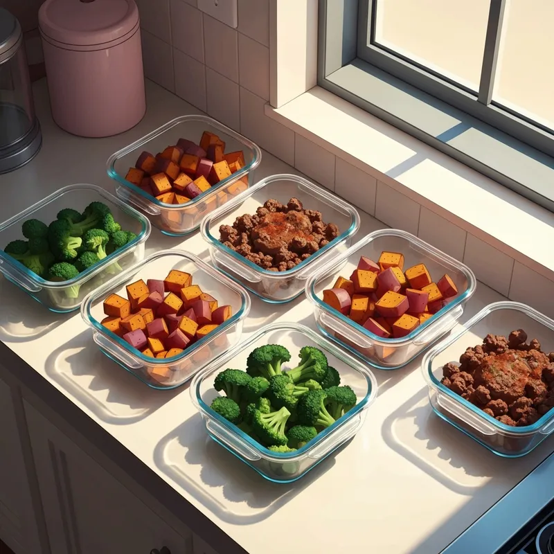 Aesthetic kitchen counter featuring organized glass containers of meal prep beef mince with vegetables and grains.