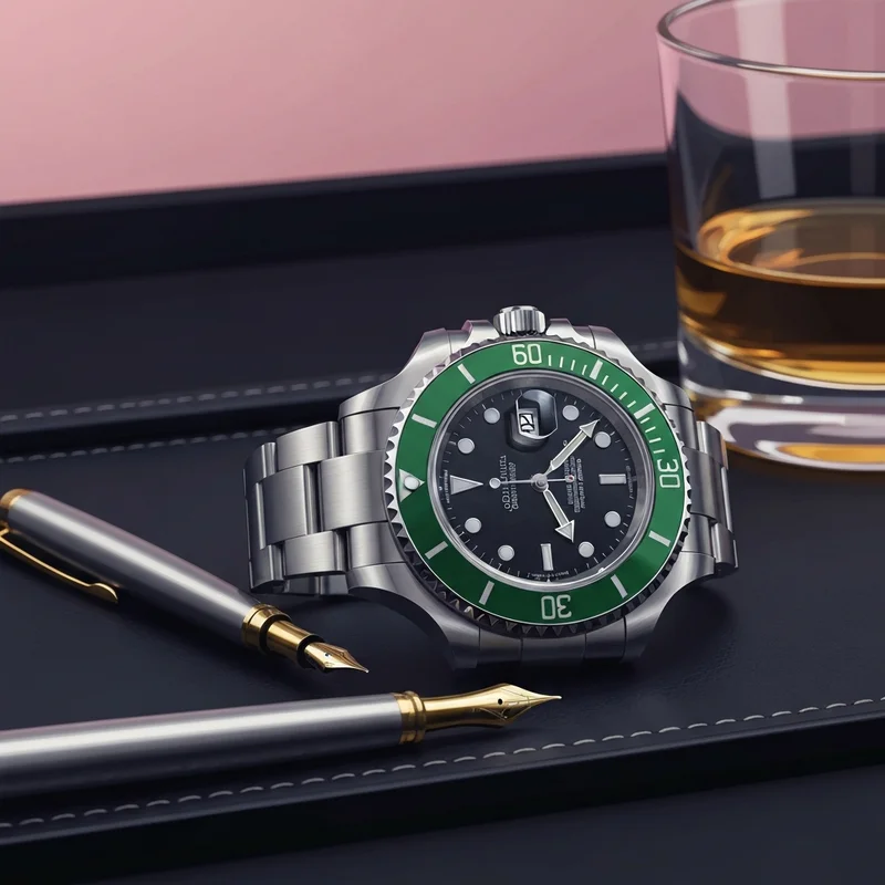 A close-up shot of the iconic starbucks rolex Submariner on an executive desk.