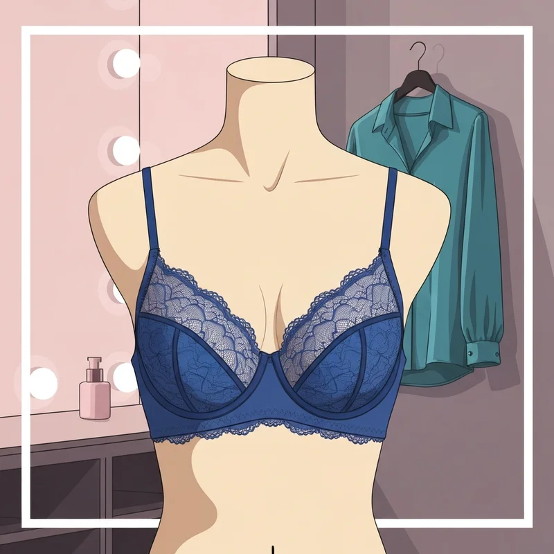 The hsia minimizer bra shown in a professional setting, highlighting its unlined lace design and supportive structure for a large bust.