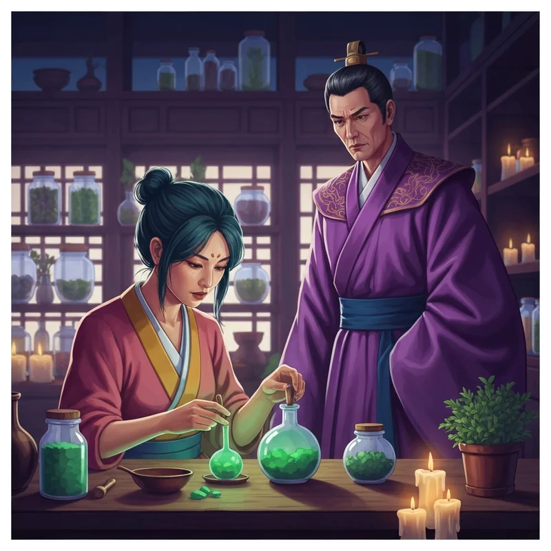 A cinematic scene of Maomao and Jinshi in a medicinal laboratory, reflecting the themes found in apothecary diaries rule 34 searches.