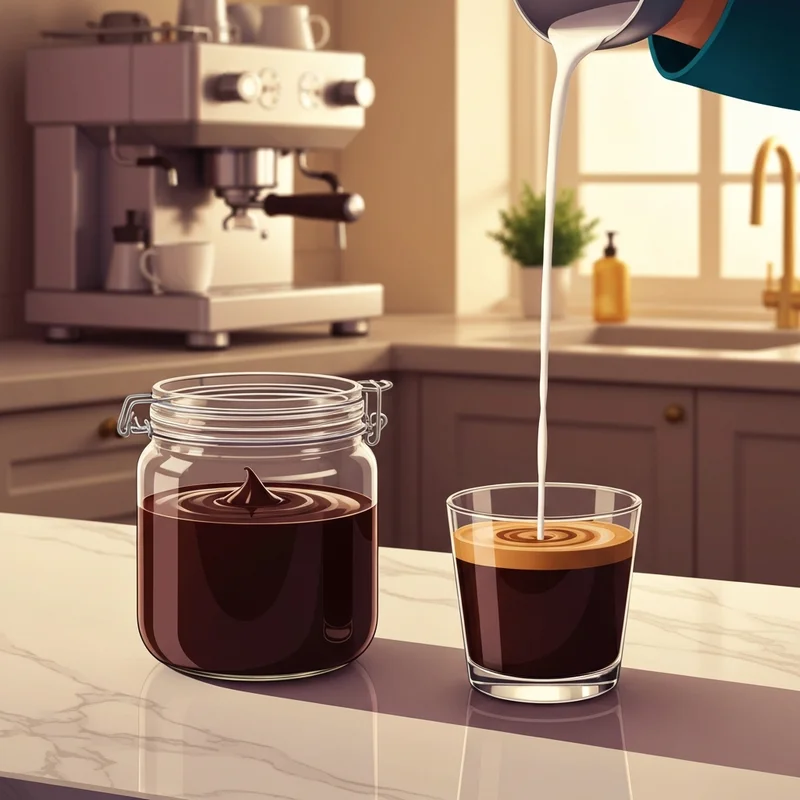 A close-up of a glass of latte with thick starbucks mocha sauce swirls on a marble counter.