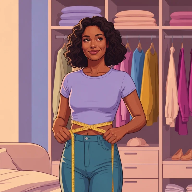 A young woman learning how do you know your bra size using a measuring tape in a sunny room.