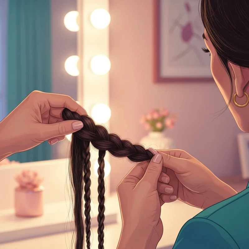 A detailed close-up showing how to braid in hair extensions with precision and care.